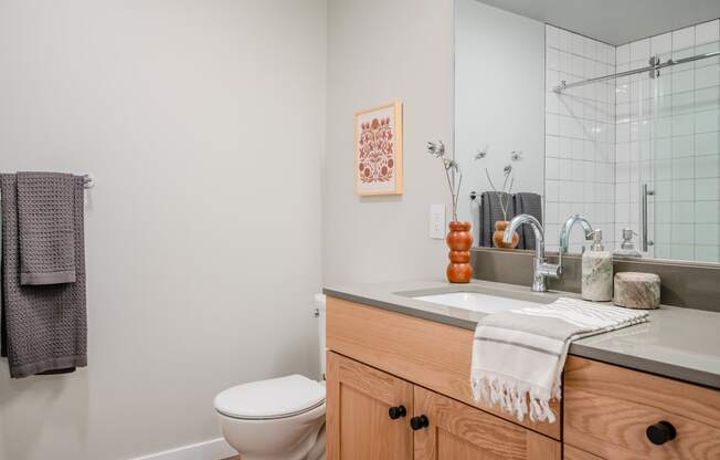 a bathroom with a sink and a toilet and a mirror at Slabtown Square Apartments, Portland , Oregon