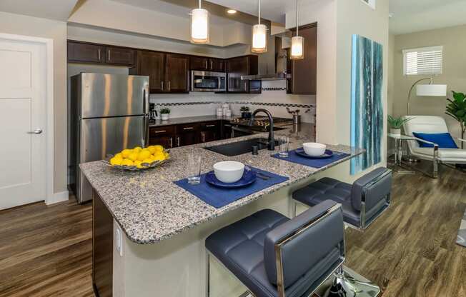 Dining table decor and kitchen at Level 25 at Sunset by Picerne, Las Vegas