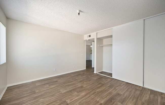 a bedroom with wood floors and a closet