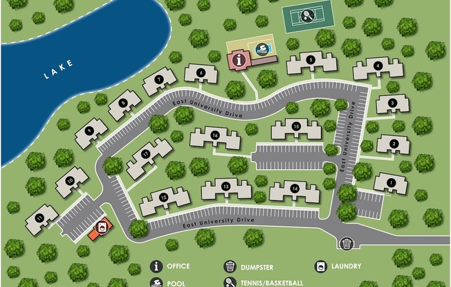 A map of a university campus with a lake, office, pool, dumpster, laundry, and tennis/basketball courts.