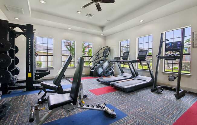 A gym with a variety of equipment including a treadmill, weights, and a bench press.