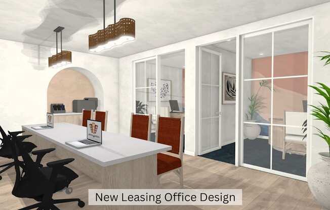 a 3d rendering of an office with a desk and chairs