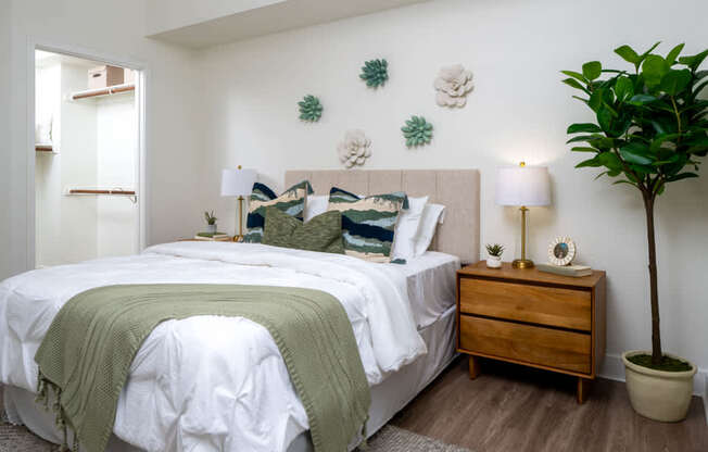 A bedroom with a bed, nightstand, and a plant.