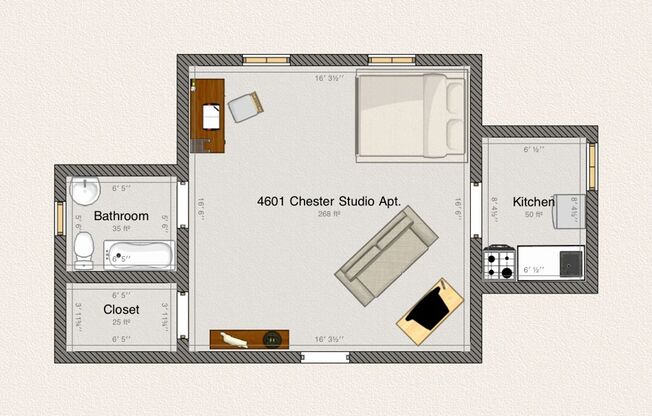 Studio, 1 bath, 296 sqft, $905, Unit B-G