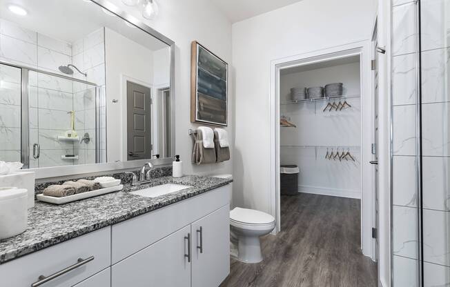 En suite bathroom with walk-in closet at Cyan Craig Ranch apartments for rent in McKinney, TX