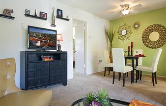 Classic Living Room Design With Television, at Pacific Oaks Apartments, Towbes, Goleta, 93117