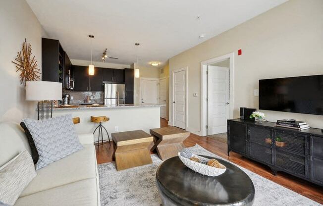 a living room and kitchen with a couch and a tv at Link Apartments® Brookstown, Winston Salem, North Carolina