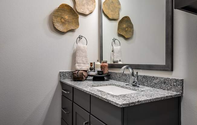 the master bathroom has a granite counter top and a sink with a mirror