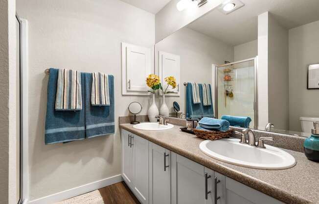 A bathroom with a sink, mirror, and towels.