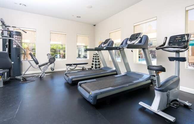 two treadmills and elliptical machines in the fitness room