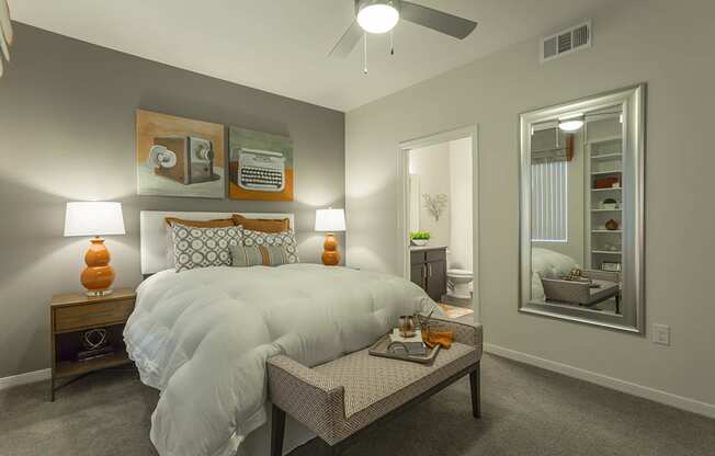 Bedroom decor with lamps with ceiling fan at The View at Horizon Ridge, Henderson, Nevada