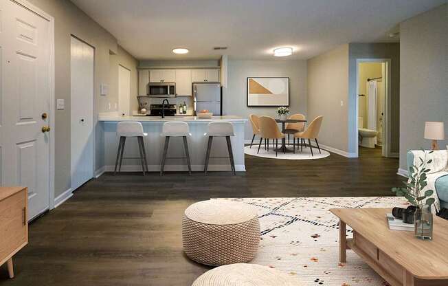 A modern kitchen with a dining table and chairs.
