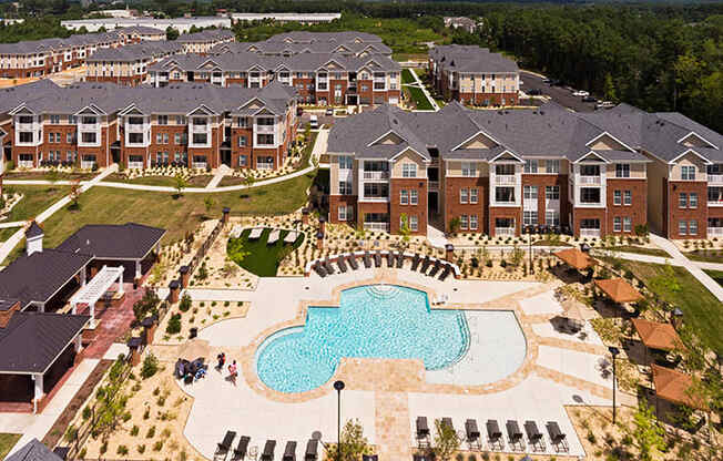 Aerial view of community clubhouse and pool