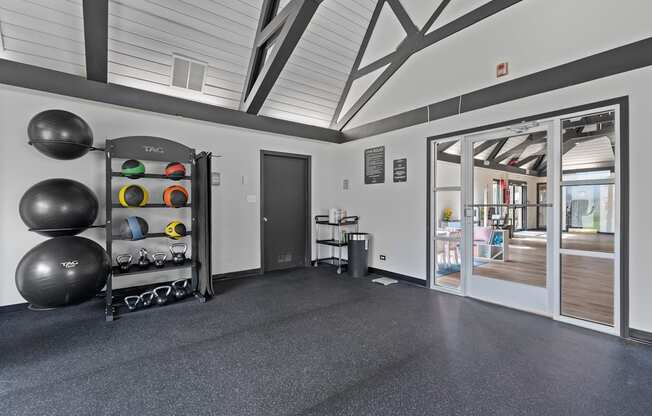 A gym room with a TRX suspension trainer and exercise balls.
