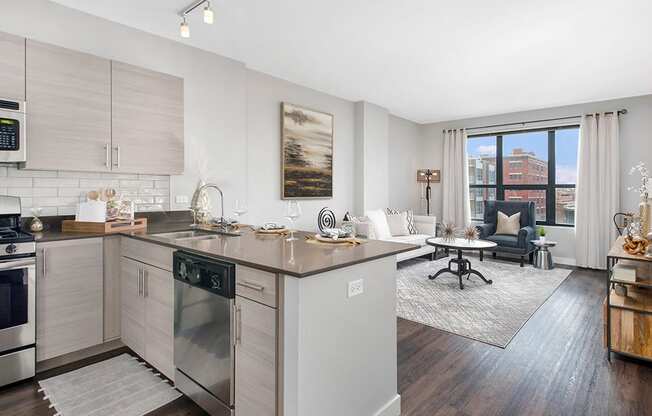 West-Loop-Chicago-Apartments-The Madison at Racine-Interior-Kitchen-and-Living-Room at The Madison at Racine, Chicago