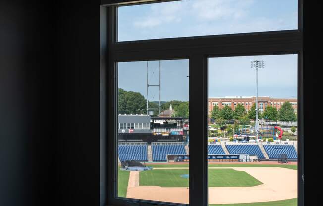 a view of a baseball stadium from a window