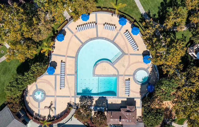 An aerial view of a pool surrounded by trees.