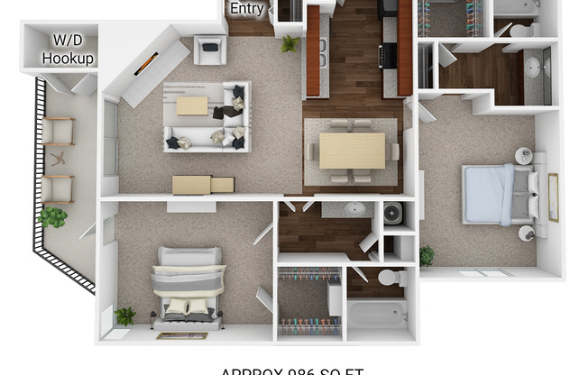 2 beds, 2 baths, 986 sqft, $1,091