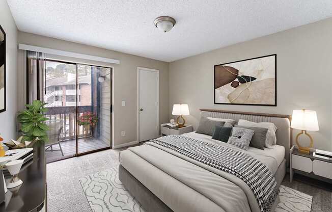 A bedroom with a large bed and a painting on the wall.