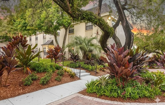 A garden with a white pathway and a variety of plants.