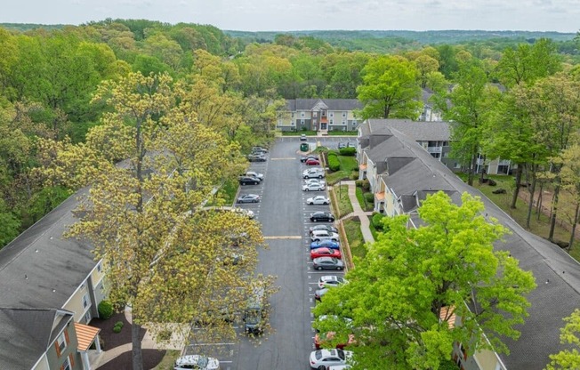 A parking lot with cars and trees in the background.