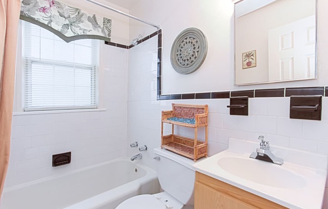 bathroom with toilet, tub, vanity and mirror at jetu apartments in washington dc