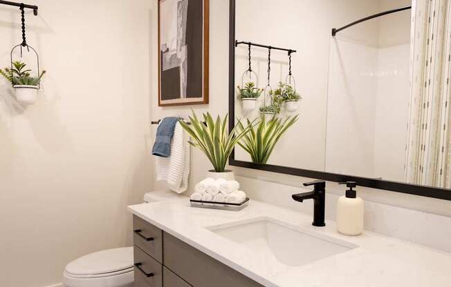 A bathroom with a white counter top and a white sink.