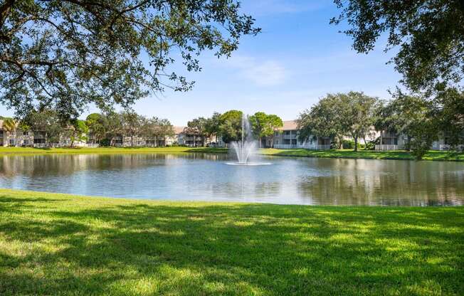 a fountain in the center of a lake with grass and trees