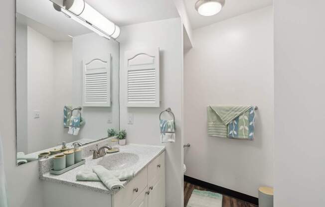 A bathroom with a sink, mirror, and towel rack.