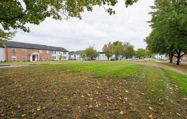 A grassy field with fallen leaves and trees in front of a row of houses.