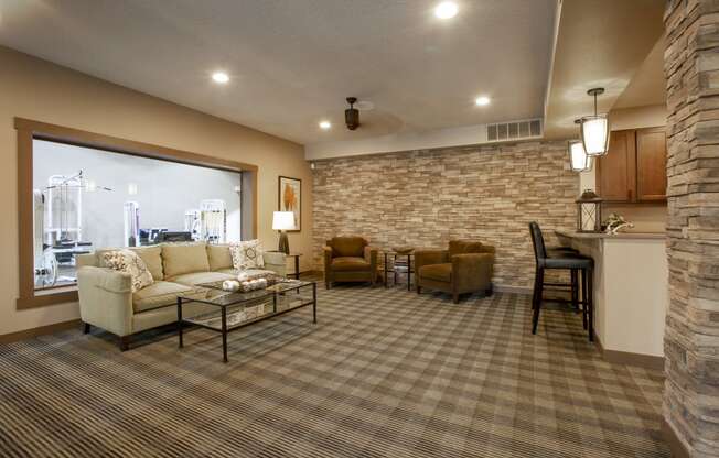 a living room with a couch and a table