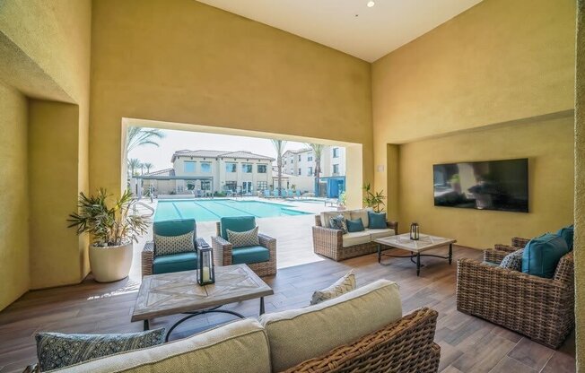 Convertible lounge space with view of pool