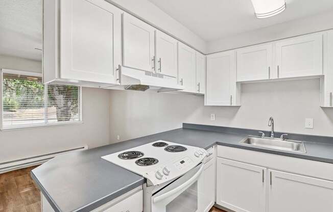 A white kitchen with a stove top oven and a sink.