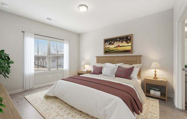 A bedroom with a large bed and a painting on the wall.
