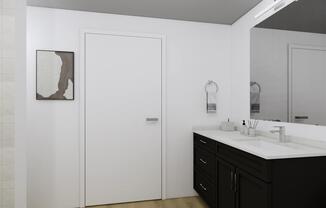Designer bathrooms at Modera University Park feature quartz countertops and double vanities in select apartments.