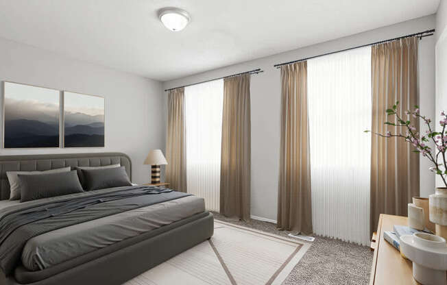 Element at 4411 Macon Apartments A bedroom with a large bed and a painting on the wall.