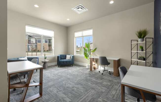 an office with a desk and a chair and a window