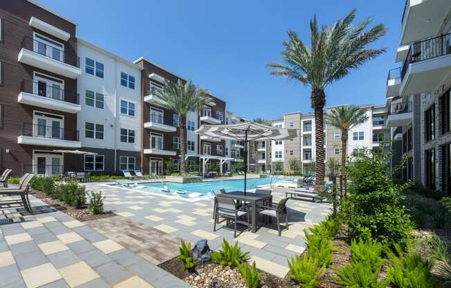 pool with patio furniture and landscaping