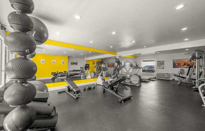 A gym with a variety of exercise equipment including treadmills, weights, and exercise balls.