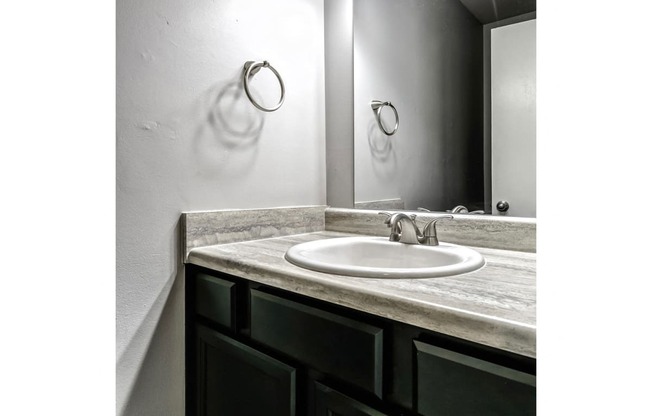 Remodeled bathroom with large vanity at Terrace Garden Townhomes