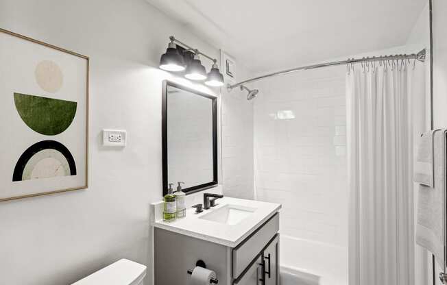 a bathroom with a sink and a mirror and a shower