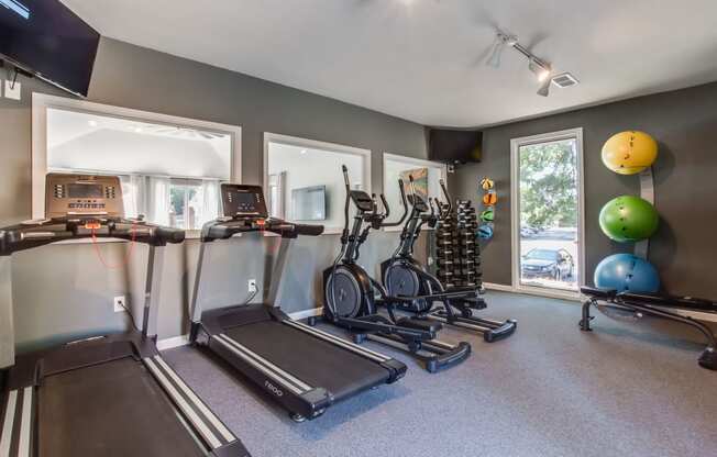 row of treadmills in fitness center