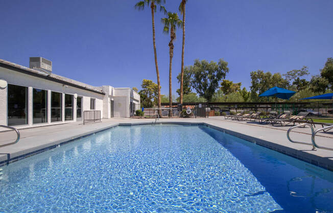 a large swimming pool with lounge chairs and palm trees in the background