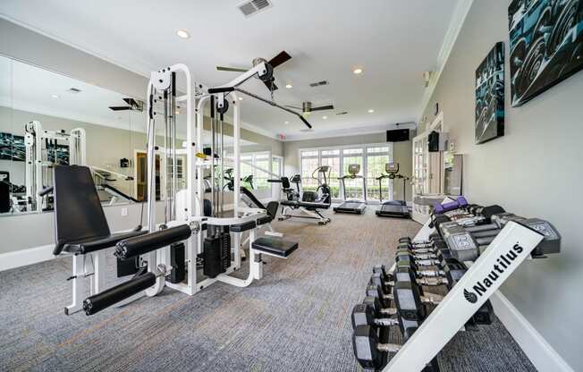 Fitness Center with Free Weights, Treadmills, Elliptical, Recumbent Bike, and Weight Training Machine