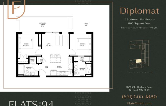 2 beds, 2 baths, 714 sqft, $2,095, Unit 732 - Diplomat