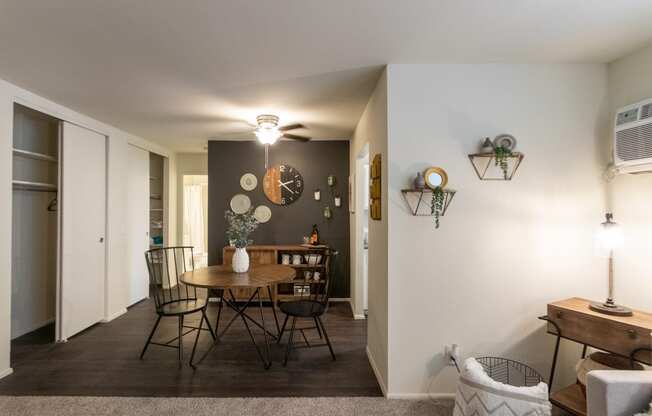 This is a picture of the dining area from the living room in a 576 sq foot 1 bedroom, 1 bath apartment at Red Bank Reserve in the Madisonville neighborhood of Cincinnati, Ohio.