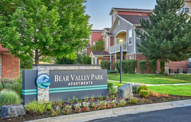the entrance to bear valley park apartments