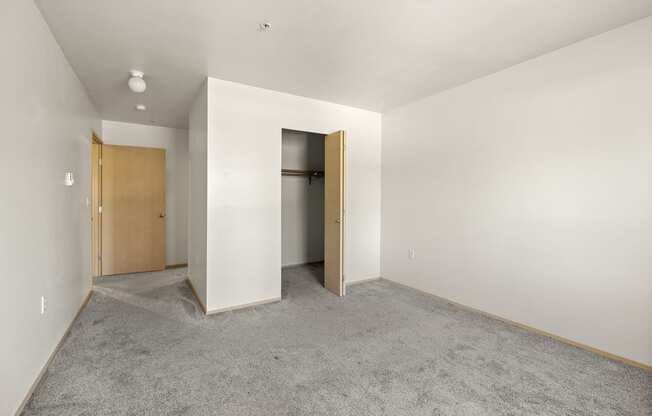 a bedroom with white walls and grey carpet at Mill Pond Apartments, Auburn