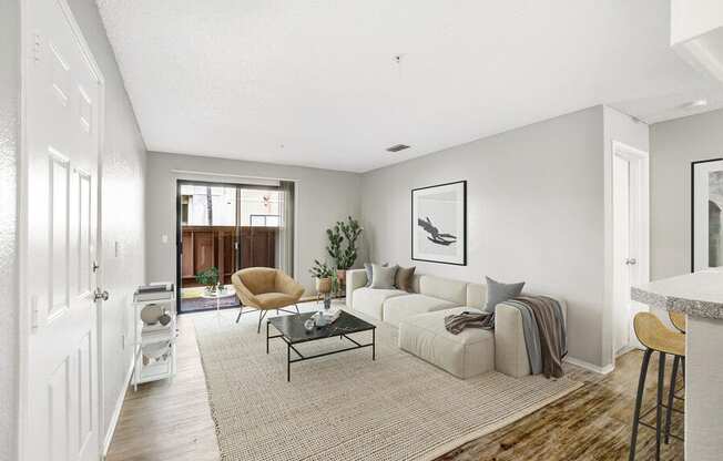 Model living room with glass sliding door