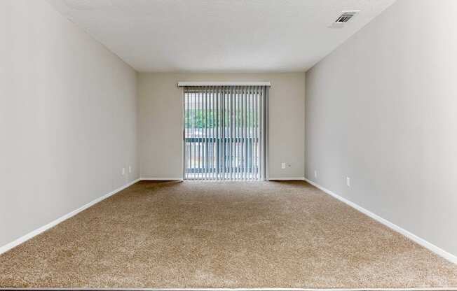 a spacious bedroom with a sliding glass door and carpeted flooring